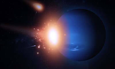 Naklejka na ściany i meble Asteroid Hitting Neptune Planet. Amazing Cosmos event and Mother Nature Scene 