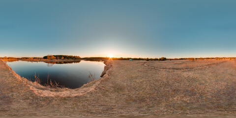 Amazing landscape with river blue sky sunset at spring trees without greens and grass 3D spherical panorama with 360 degree viewing angle Ready for virtual reality vr Full equirectangular projection