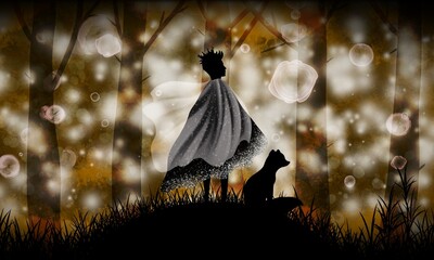 The Little Prince and the Fox in the magical forest. Silhouette art - obrazy, fototapety, plakaty