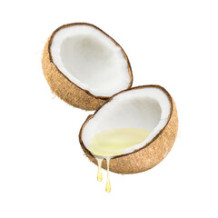 Coconut oil dripping from coconut fruits isolated on white background.