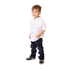 Trendy little man. A cute little boy posing on a white background.