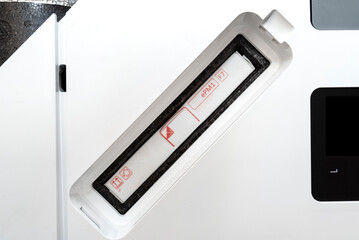Home mechanical ventilation with heat recovery hanging on the wall, visible socket with F7 filters...