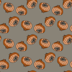 Seamless pattern with sprouted onions on gray background. Vector image.