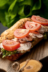 sandwich with minced meat, with herbs and tomatoes. on a dark background
