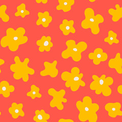 Spring groovy seamless pattern. Orange abstract flowers on red background. Low contrast illustration. Hippie style. Vector background for fashion, textile, scrapbooking etc.