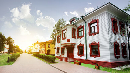 ARKHANGELSK, RUSSIA Chumbarova-Lucinschi prospect. Street with historical wooden buildings