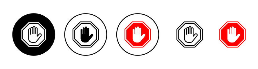 Stop icons set. stop road sign. hand stop sign and symbol. Do not enter stop red sign with hand