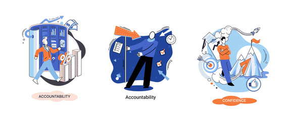 Fototapeta premium Personal quality concept creative metaphors set. Confidence, accountability and discipline, mental strength, psychological flexibility, decision making, leadership role, personal development