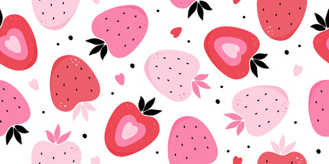 Vector seamless pattern with hand-drawn strawberries in pink and red colors
