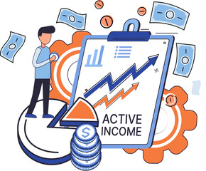 Active income, getting wages for work, increase profit using knowledge and skills. Man works, earns salary at paid job. Idea of financial growth and business development. Activity for revenue growth