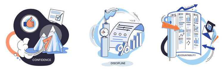 Personal quality concept creative metaphors set. Confidence, accountability and discipline, mental strength, psychological flexibility, decision making, leadership role, personal development