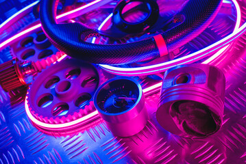 Sport car tuning parts top view concept background.