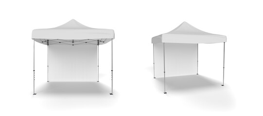 2 Views of a Exhibition Marquee Gazebo Tent with a single back wall and isolated on a white background. 3d render for illustration and mockups. © 3DZoneZA
