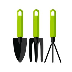 Gardening tools Isolated on white background. Hand cultivator, Trowel, rake. Colorful flat vector illustration. Floristry and gardening, hobby, outdoor activities. Gardening sign. Gardeners Supply.