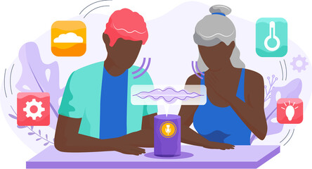 Voice assistant. Smart speaker virtual assistant, sound robot, people using voice controlled smart speaker. Voice activate digital assistant identification control contactless mobile device microphone