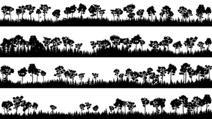 Set of horizontal stripe silhouettes with coniferous forest with tall pines (cedars, larches, sequoias).