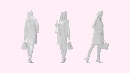 3D rendering of fashionable woman with a purse posing. Multiple views silhouette, side front and back.