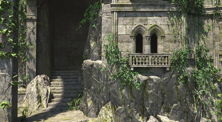 An old stone sacred temple with green vegetation. Arched windows with a balcony. Beautiful mystical wallpaper. Photorealistic 3D illustration.