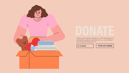 People characters donating for charity. Volunteers collecting and putting money, toys, food and clothes for children in donation boxes. Charity and financial support concept banner, landing page.