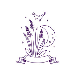 This is a line art collage with flowers and the moon. The magic logo, zodiac tattoo