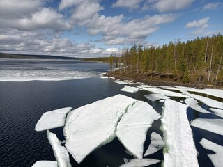  view of a lake melting at the edge of a forest in northern sweden