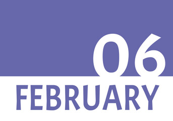 6 february calendar date with copy space. Very Peri background and white numbers. Trending color for 2022.