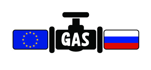 Oi, gas pipeline with flags and with fittings and valves. Valve on the main gas pipeline between the European and Russia. Pipeline with flag. sanction, open or close war conflict. No gas tap. to fill
