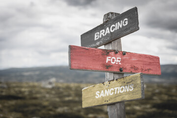bracing for sanctions text quote on german flag painted on wooden signpost outdoors in nature. To simulate the conflict in ukraine, europe.