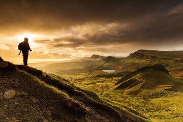 Scenic view of Quiraing mountains in Isle of Skye, Scottish highlands, United Kingdom. Sunrise time...