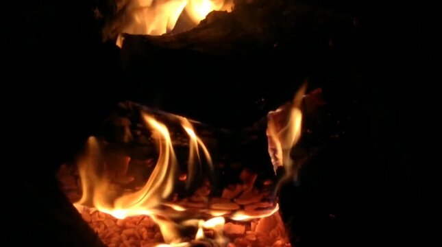 Different firewood in the fireplace with fire