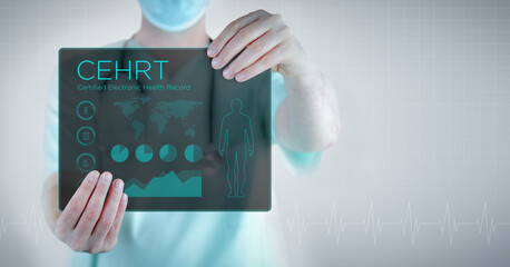 CEHRT (Certified Electronic Health Record). Doctor holding virtual letter with text and an...