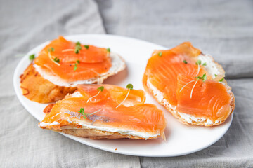 salmon sandwich smorrebrod fish open sandwich seafood fresh meal food diet snack on the table copy space food background 