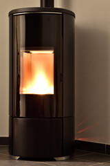 Modern domestic pellet stove, granules stove with flames