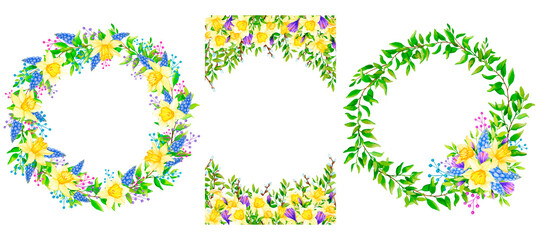 Wreaths and frames of spring flowers. Set of watercolor illustrations for the design of greeting cards, wedding invitations, birthday, mother's day, for posters, labels, logo with place for text.