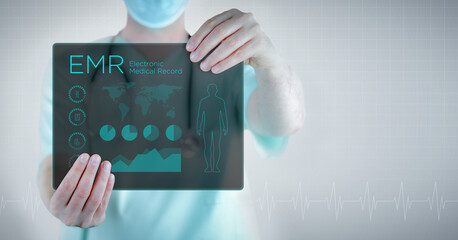 EMR (Electronic Medical Record). Doctor holding virtual letter with text and an interface. Medicine...