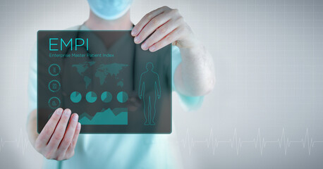 EMPI (Enterprise Master Patient Index). Doctor holding virtual letter with text and an interface. Medicine in the future