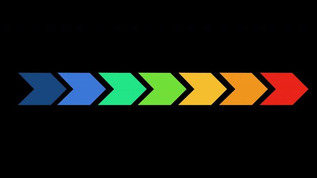 Colourful swipe arrows 4K animation on black background. Arrow icon direction motion graphic design.