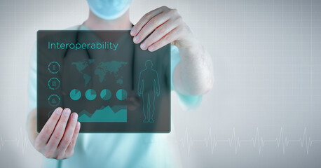 Interoperability. Doctor holding virtual letter with text and an interface. Medicine in the future - obrazy, fototapety, plakaty