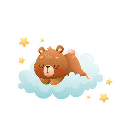Baby bear sleeps on a cloud around the stars. Drawn in cartoon style. Vector illustration for designs, prints and patterns. Isolated on white background