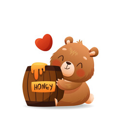 Baby bear hugs a barrel of honey. On a wooden barrel the inscription Honey. Drawn in cartoon style. Vector illustration for designs, prints and patterns. Isolated on white background
