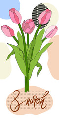 vector postcard on March 8, a bouquet of tulips. Spring, Women's Day