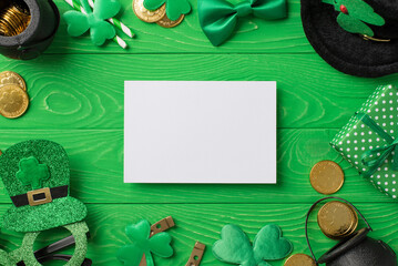 Top view photo of st patricks day decor paper sheet party glasses leprechaun hat straws bow-tie...