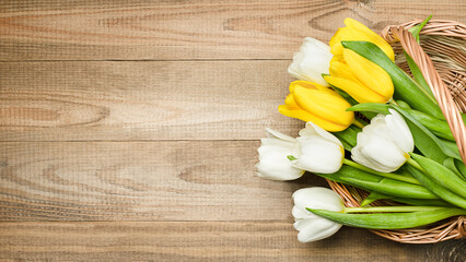 yellow and white tulips in a wicker basket on a wooden table, top view
