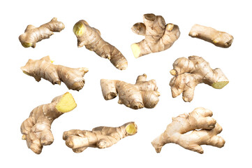 Fresh ginger root isolated on white background. Natural organic ginger for health, medicine, protection against colds. Spice for cooking, ginger to boost immunity. Cut out objects for design