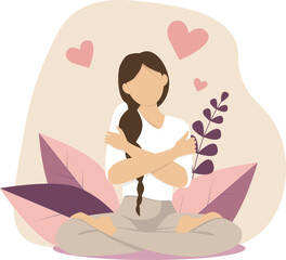 Girl self-love meditation yoga lotus in FaceLess style and with plants and hearts