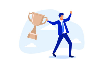 Celebrate work achievement, success or victory, winning prize or trophy, challenge or succeed in business competition concept, happy businessman holding winning trophy jumping high for celebration.