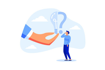 Business problem, idea, decision making and solution, job and career path concept, confusing businessman stand with question mark sign then helping hand put half of lightbulb lamp for bright solution.