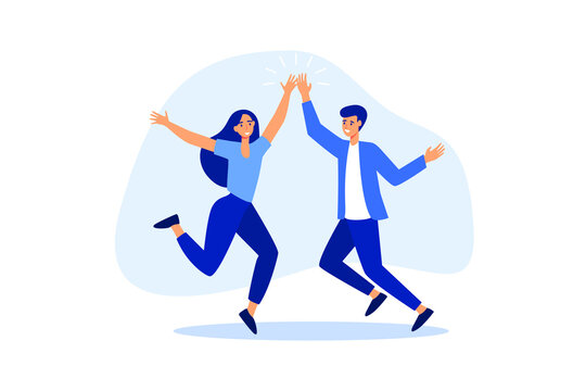 Team success winners, hi five or congratulation on business goal achievement, collaboration or encouragement concept, happy businessman and woman teamwork coworkers jumping and hi five clapping hands.