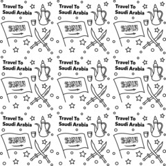 Travel to Saudi Arabia doodle seamless pattern vector design. Camel. Ka'bah, Flag are identic icons with Saudi Arabia