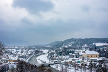 village in the mountains with snow